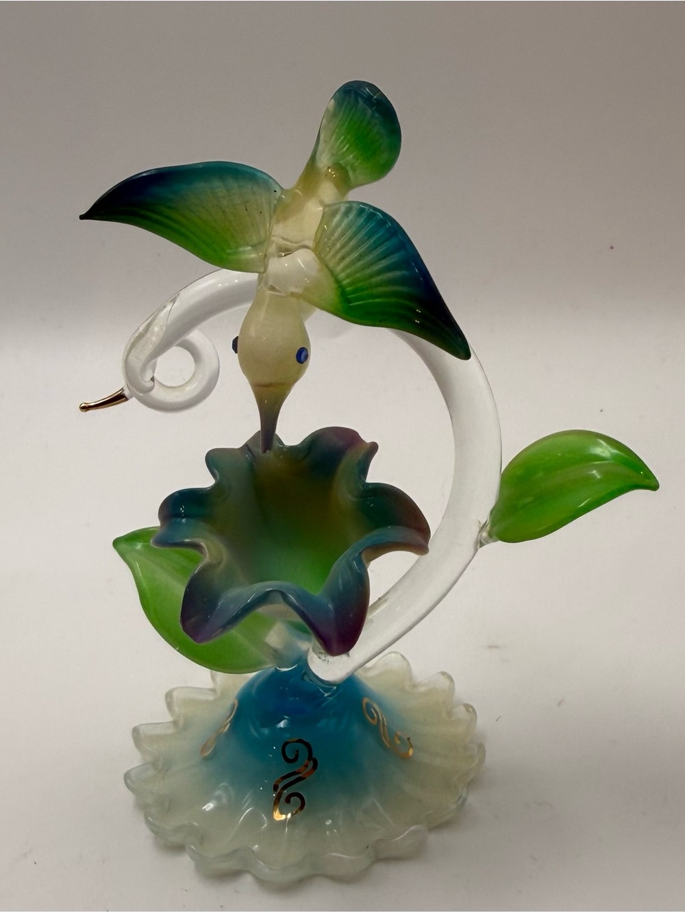 Source Unknown Green Blue Glass Hummingbird Flower Sculpture